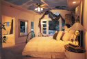 The dramatic arch of the ceiling in this bedroom was further enhanced by a fanciful painting of the sky (Click to enlarge).